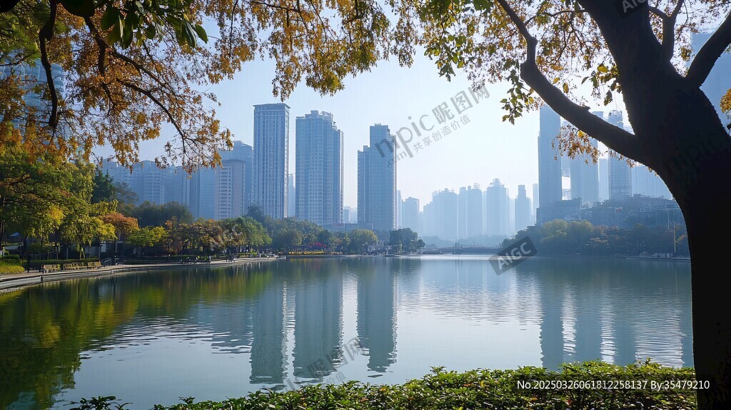湖畔都市秋景 树影婆娑