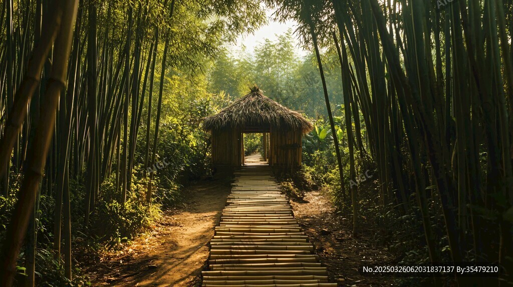 竹林中的静谧茅草小屋