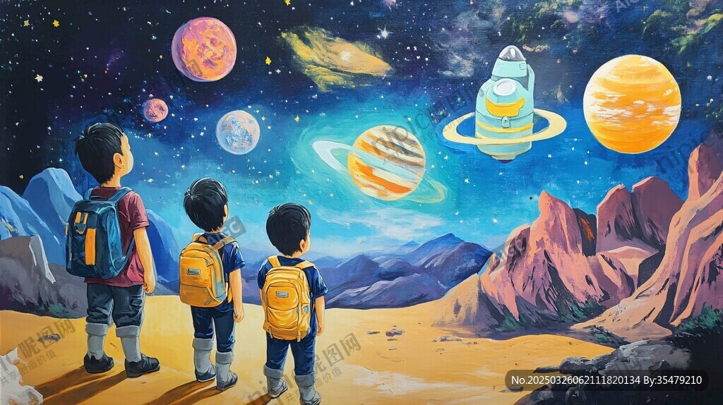 孩童仰望梦幻宇宙奇景