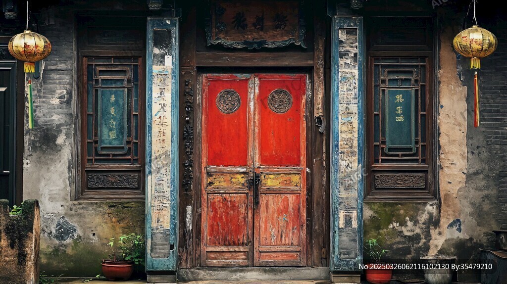 古旧中式大门的岁月韵味