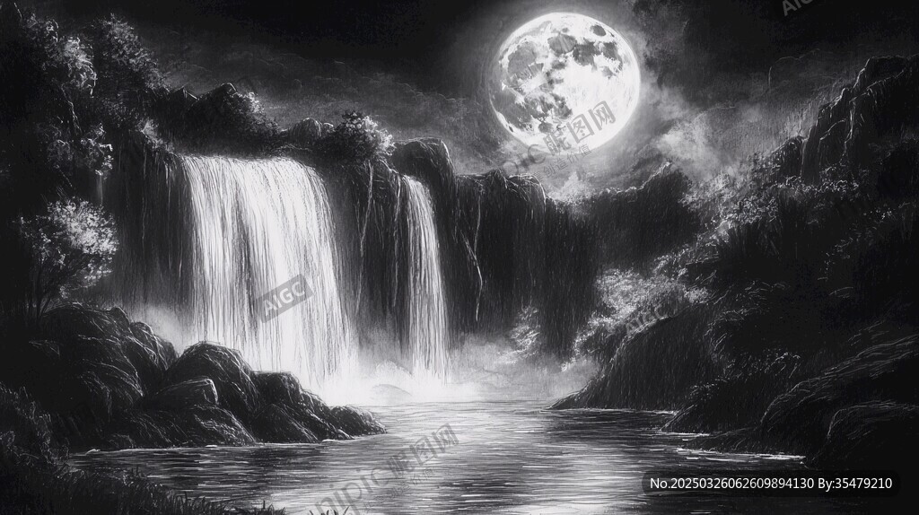 月夜瀑布下的静谧自然景观