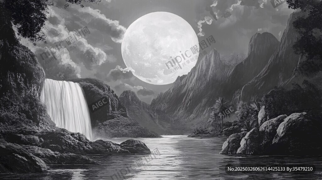 月夜瀑布山水奇幻景象