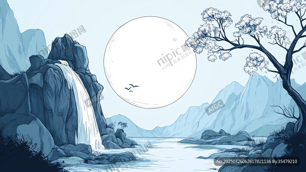 月夜山水瀑布静谧之景