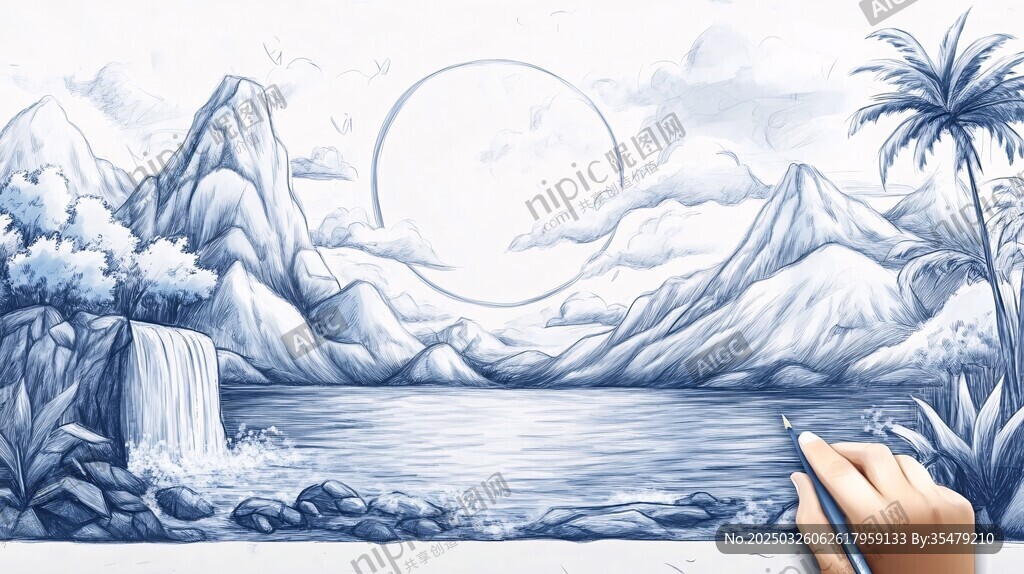 手绘山水风景优美画面