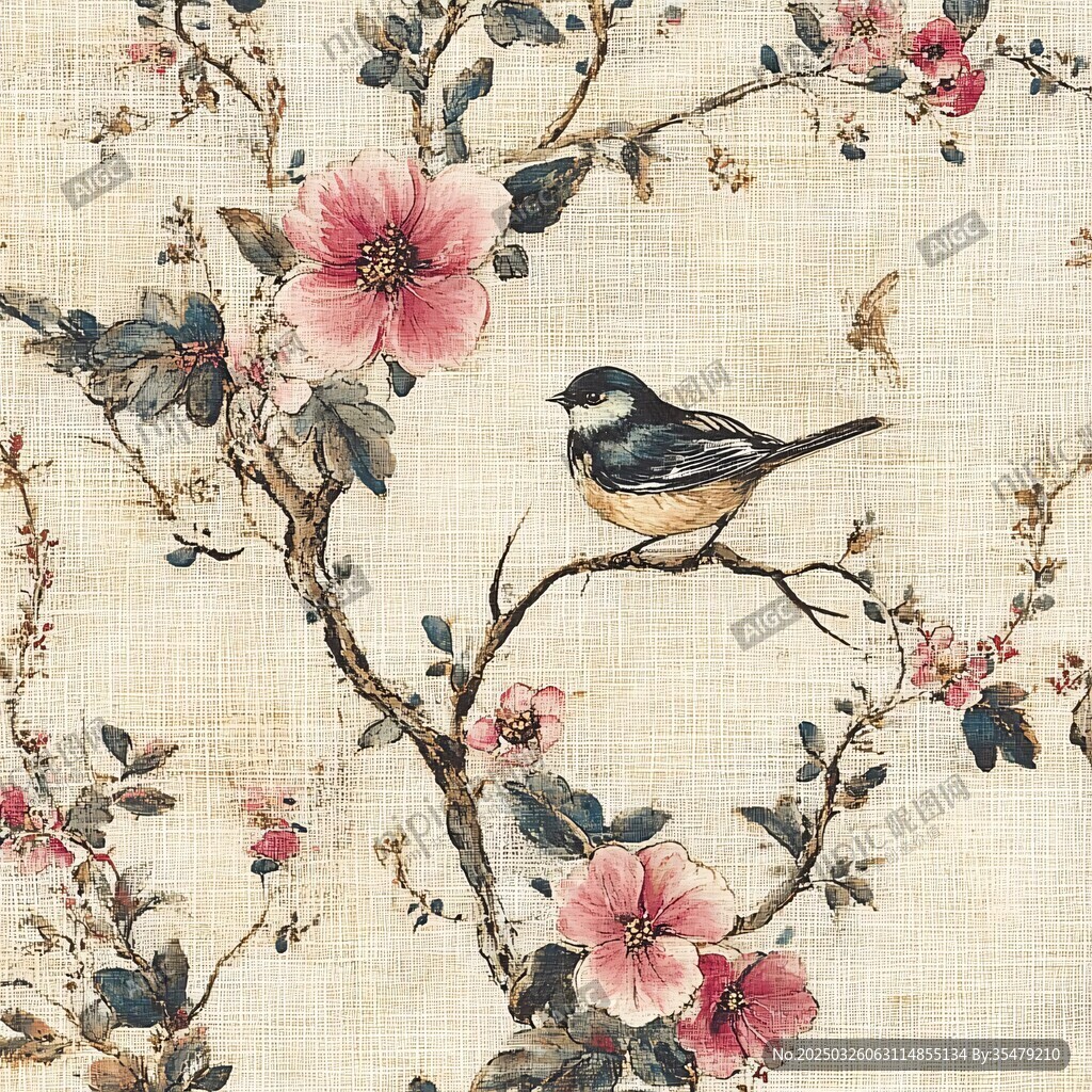 花鸟图 枝头小鸟伴繁花