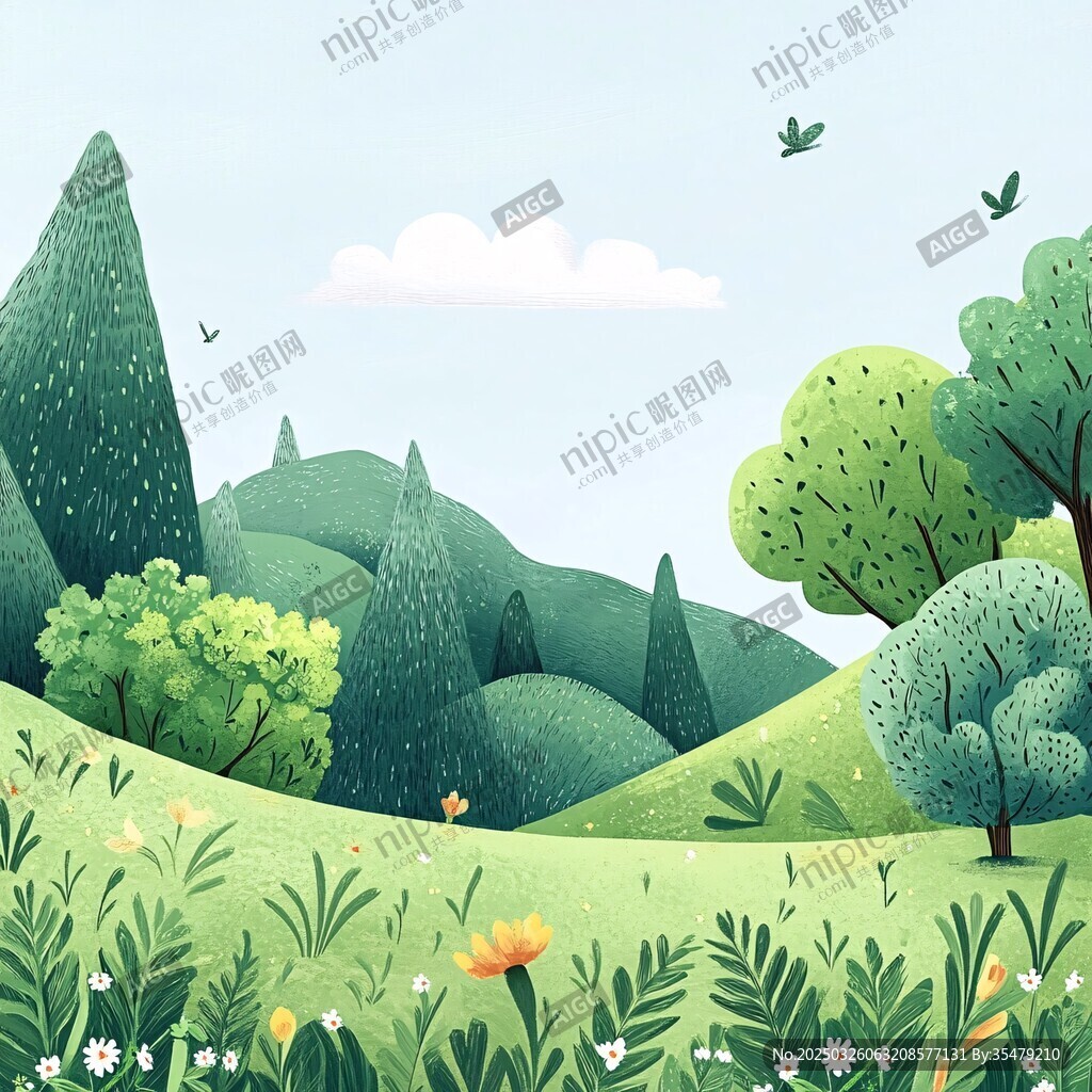 清新山林田园风光插画