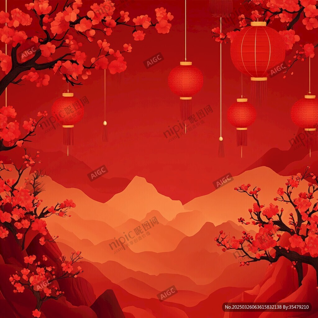 新春山水红梅灯笼图