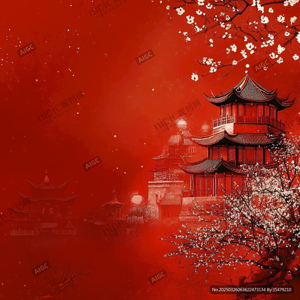 中式红韵古风建筑美景图