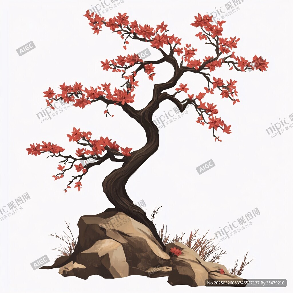 独株红枫立于岩石之上