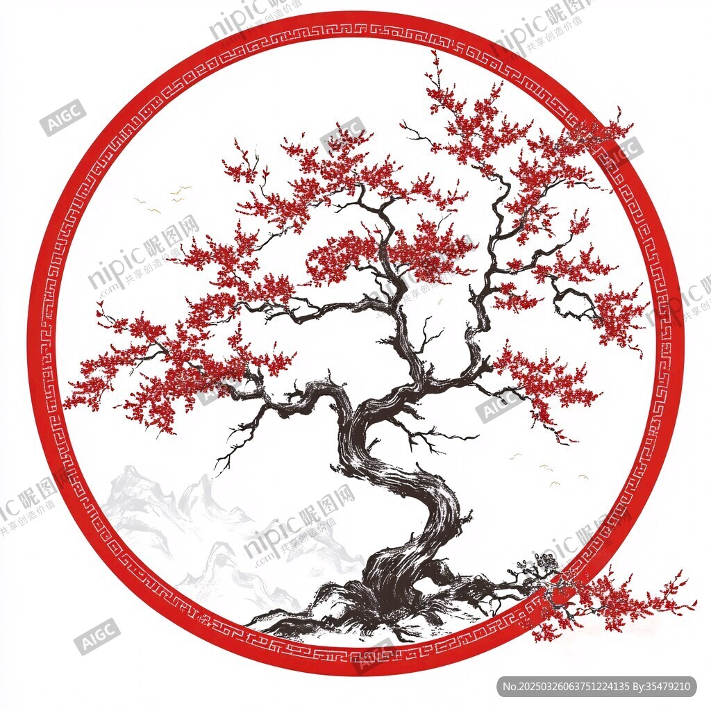 圆形红框内的红梅图