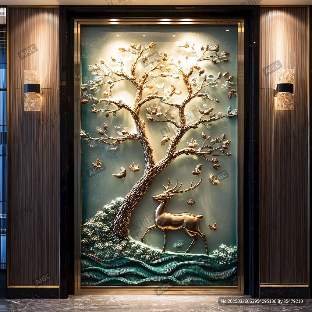 中式浮雕玄关 鹿与繁花之景