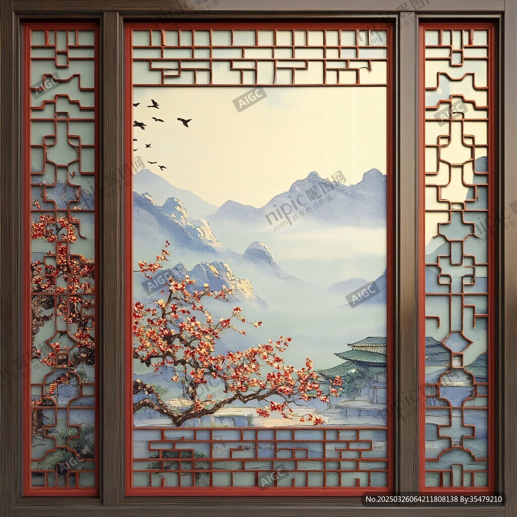 中式窗景下的山水花鸟图