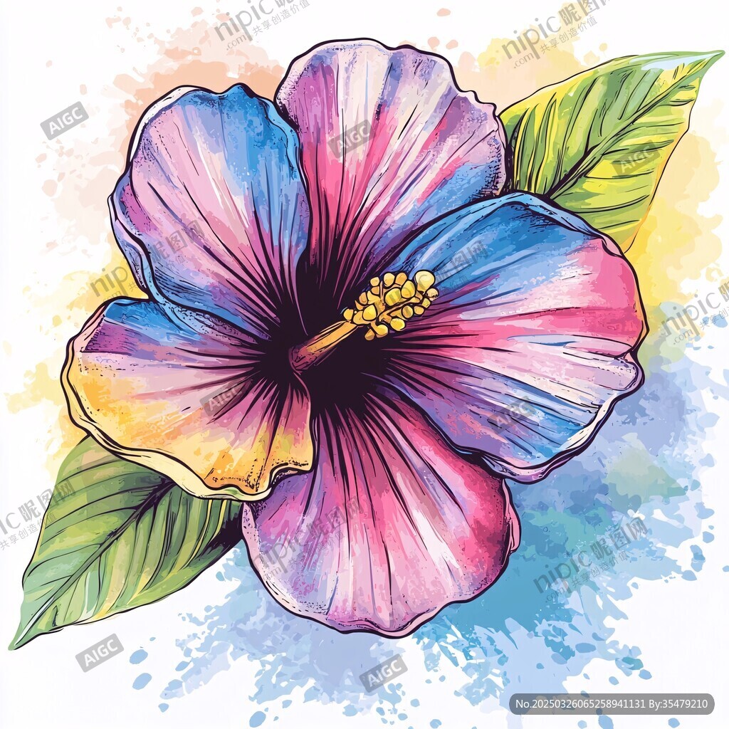 水彩风绚丽木槿花插画