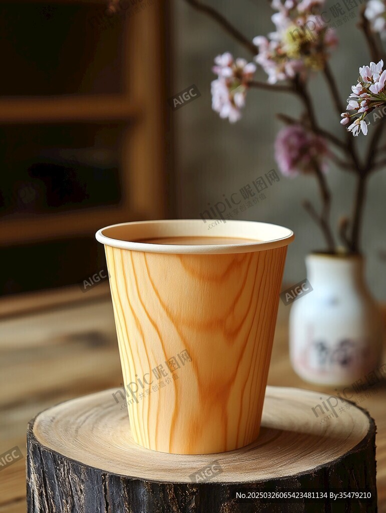 木质纸杯置于木桩上