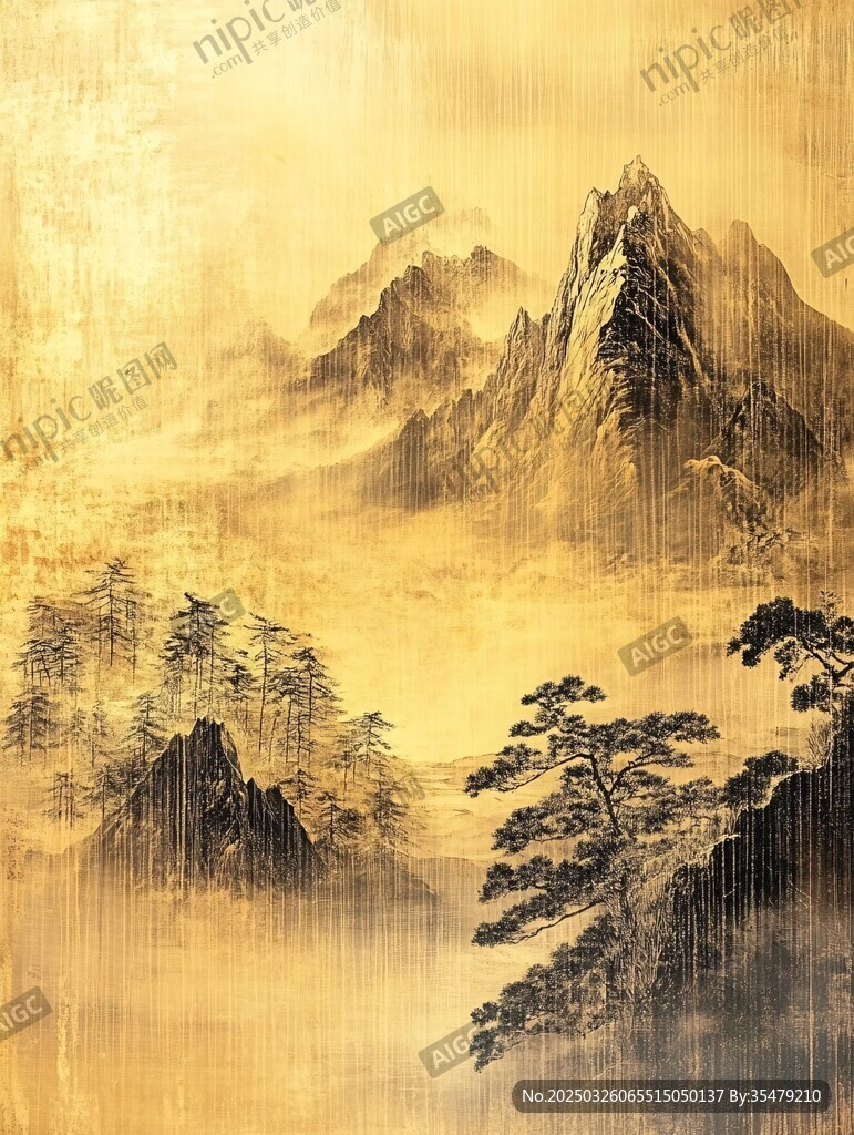 金色山水间的诗意景致