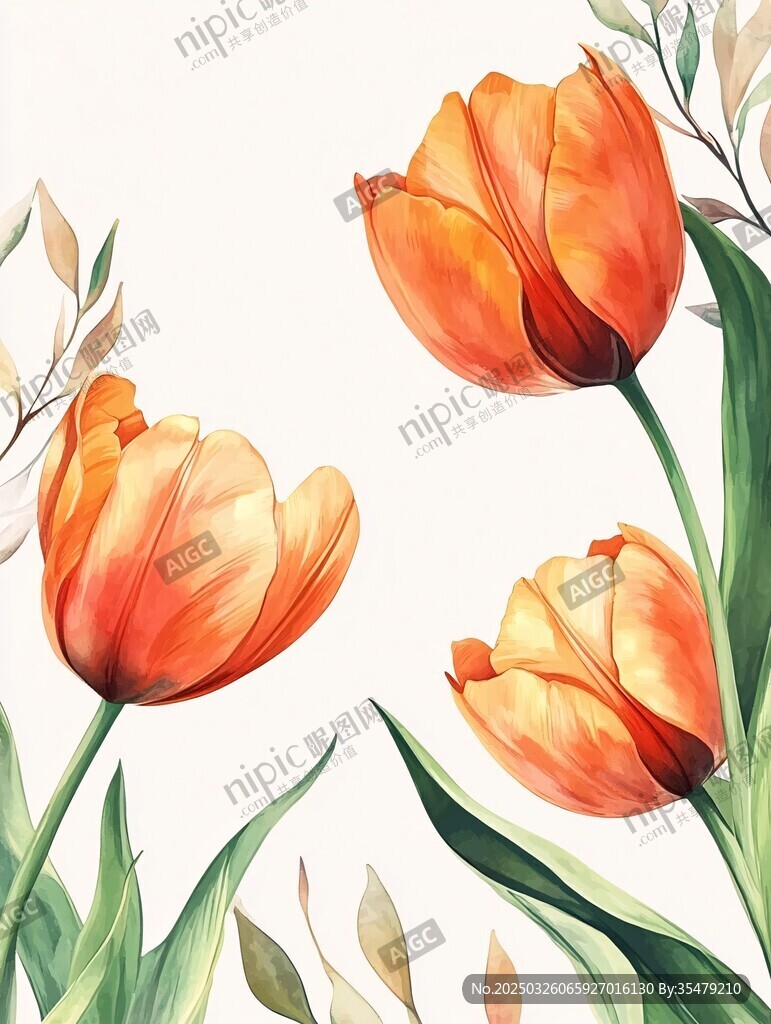 橙色郁金香水彩花卉插画