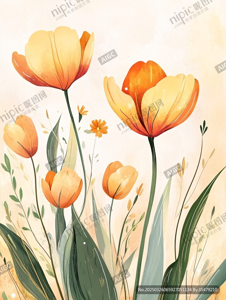 春日橙色郁金香花卉插画