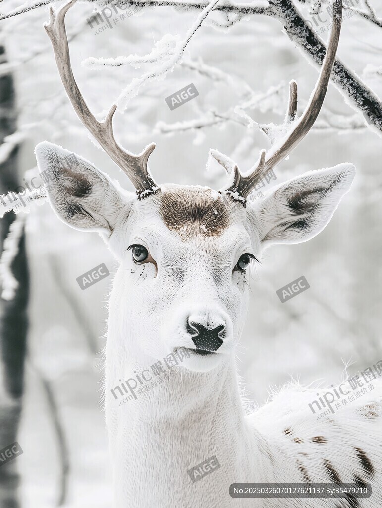 雪林中的优雅白鹿