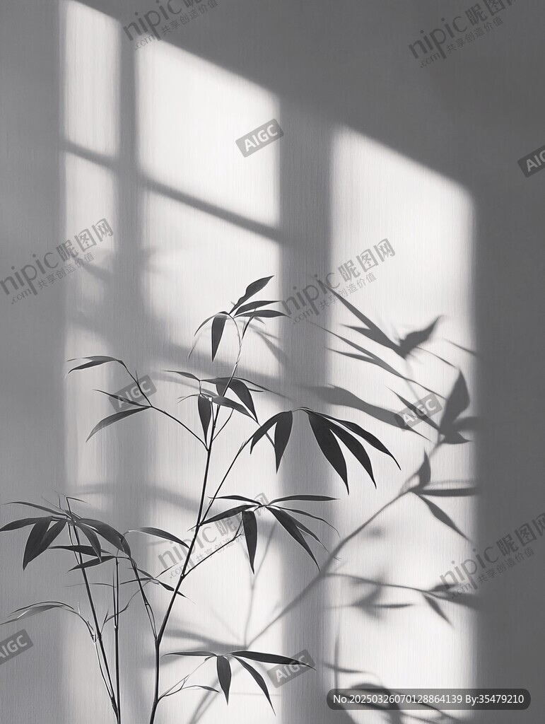 窗影下的竹枝剪影