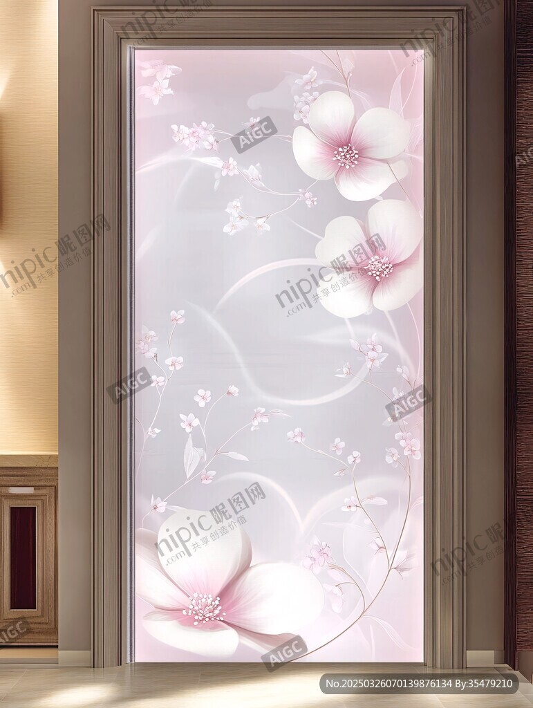 粉色花卉图案唯美玻璃门