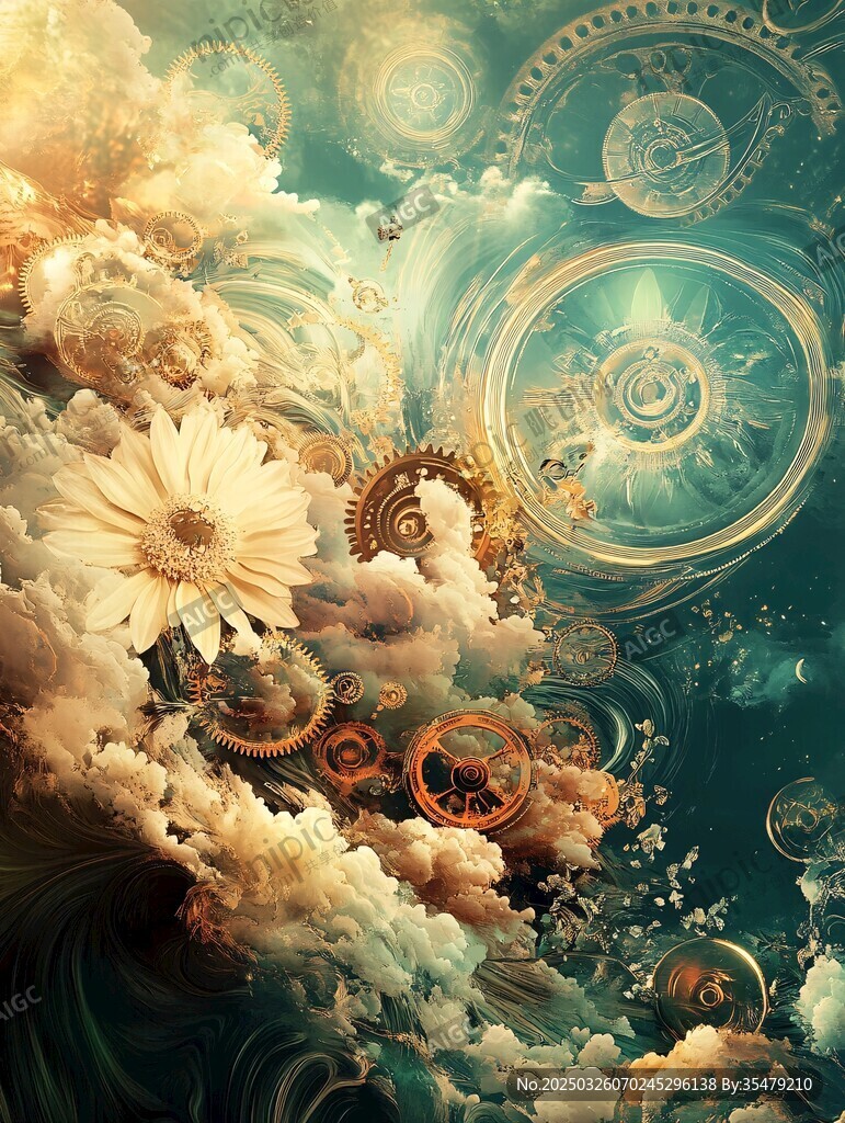 梦幻云海中的机械花卉世界