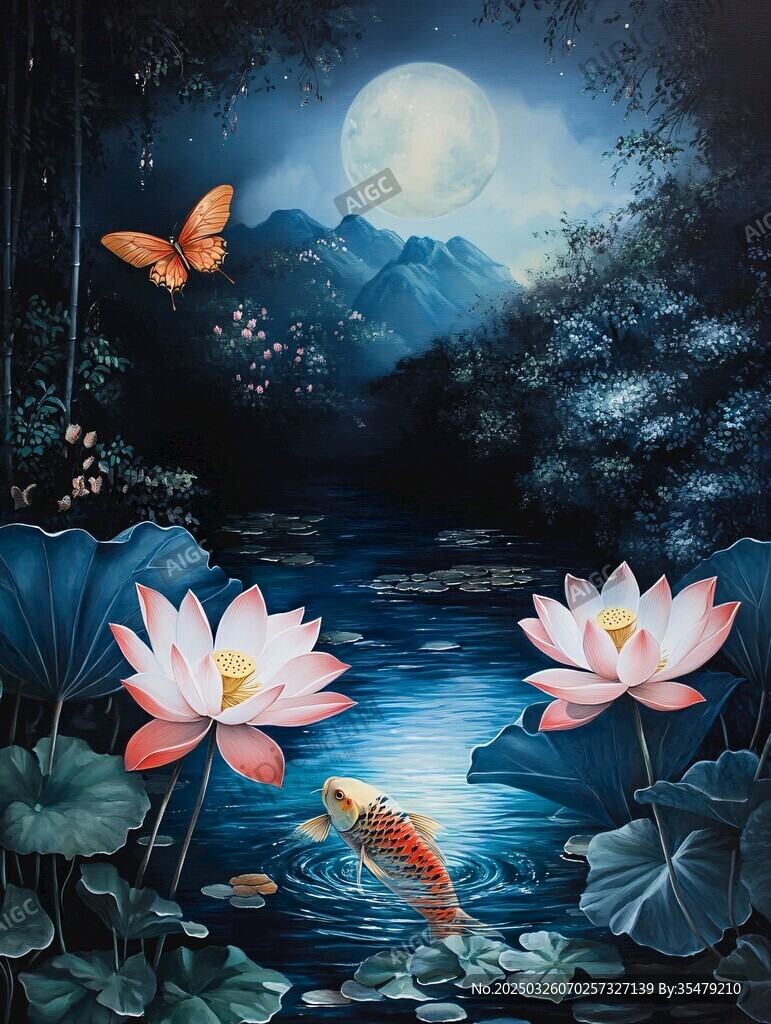 月夜荷塘锦鲤与蝶之景