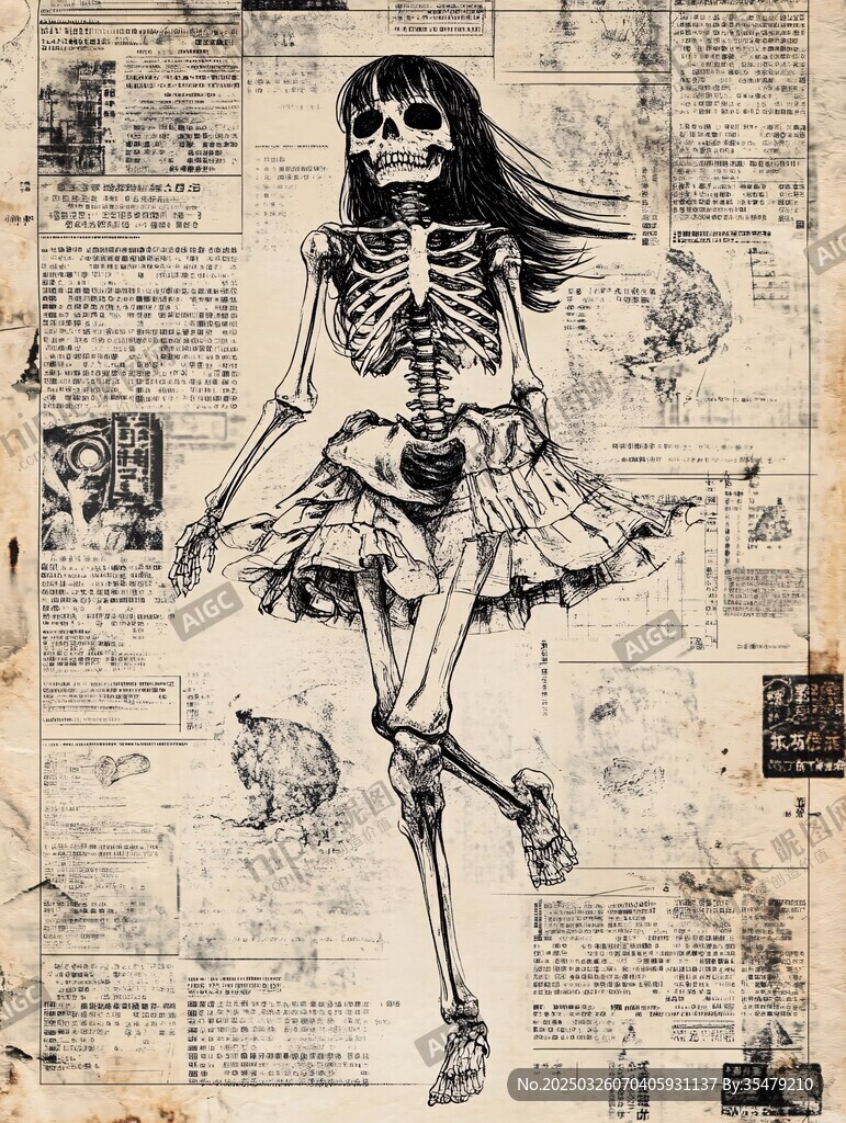 骷髅少女漫步复古报纸背景