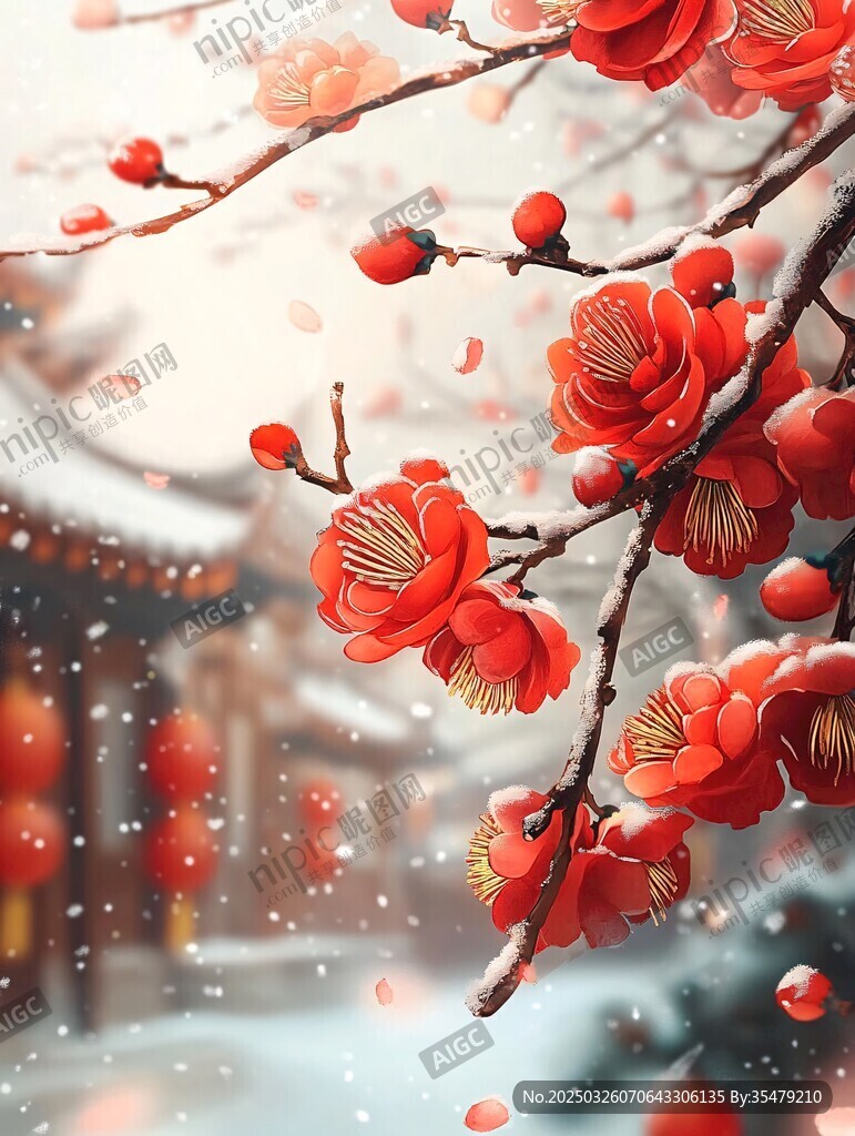 雪中红梅映古景