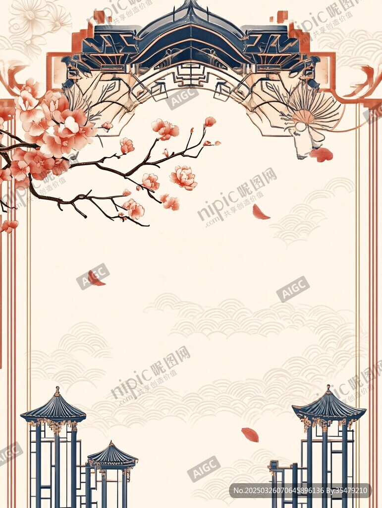 古风中式建筑花卉边框图