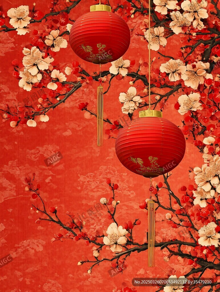 红灯笼映红梅喜庆背景