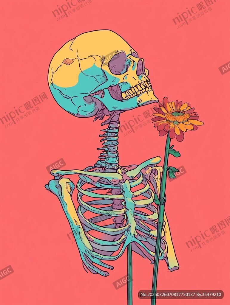 骷髅持花的奇幻插画