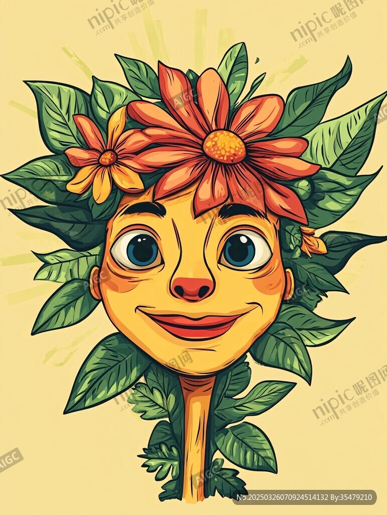花朵绿植环绕的欢乐人脸
