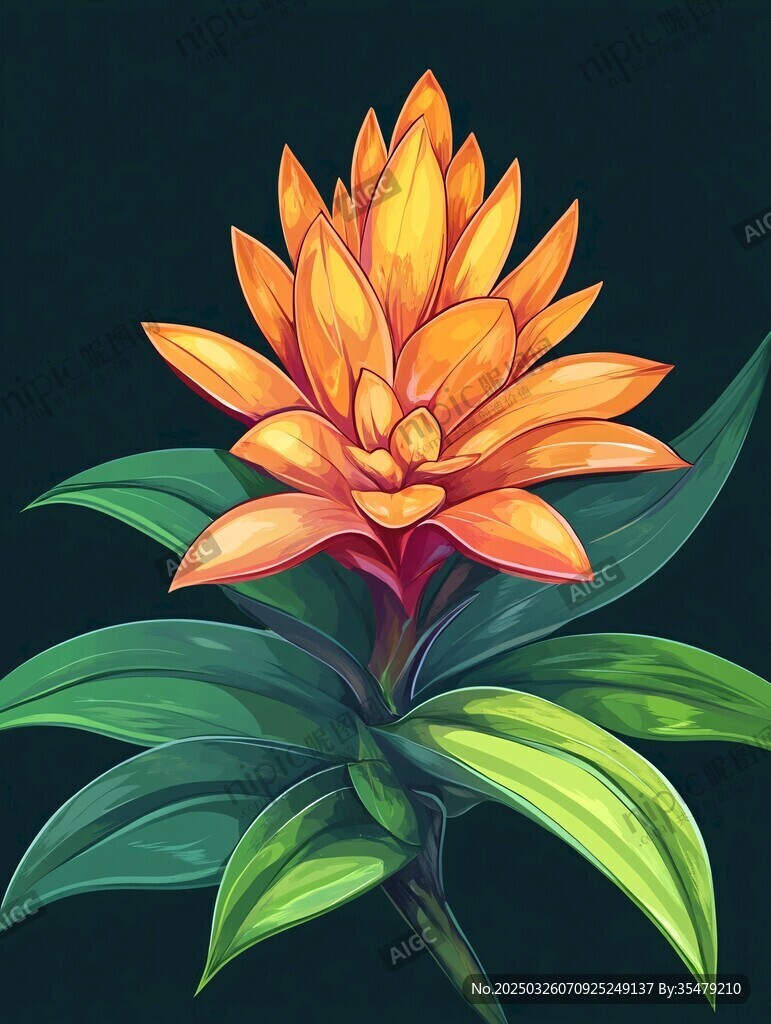 橙色艳花配翠绿叶片