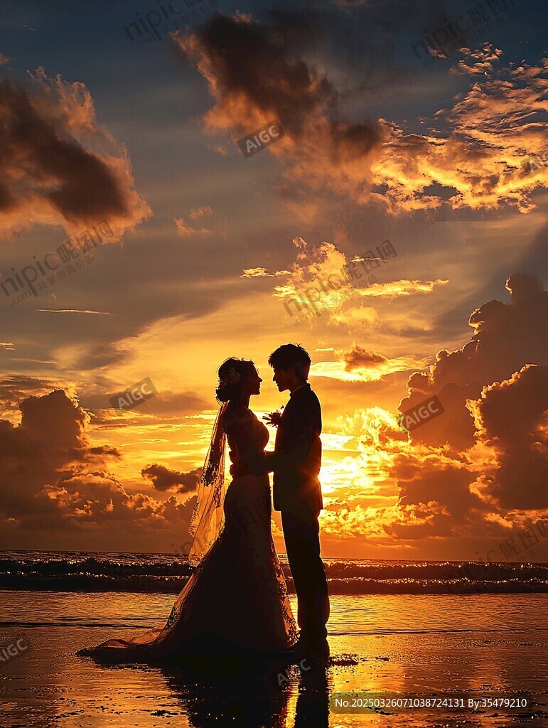 夕阳下的浪漫新婚剪影