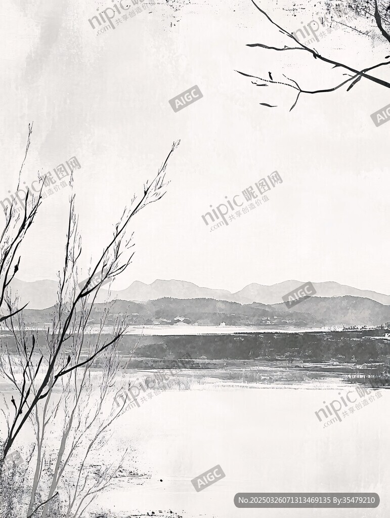 水墨湖畔枯枝山水景致