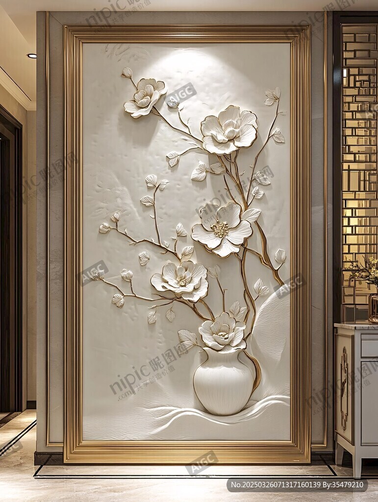 中式浮雕花卉玄关装饰画
