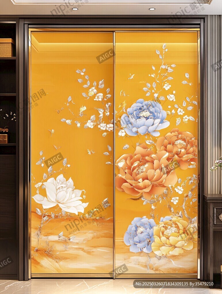 中式牡丹花鸟移门装饰画