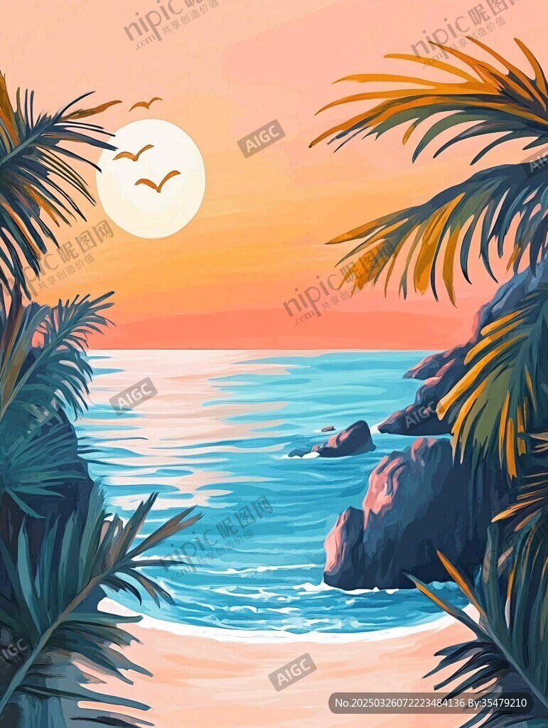 日落椰影下的美丽海滨