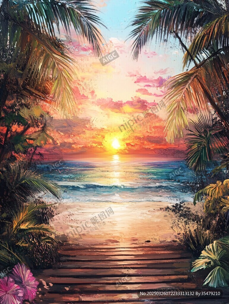 夕阳下的海滨木栈道美景