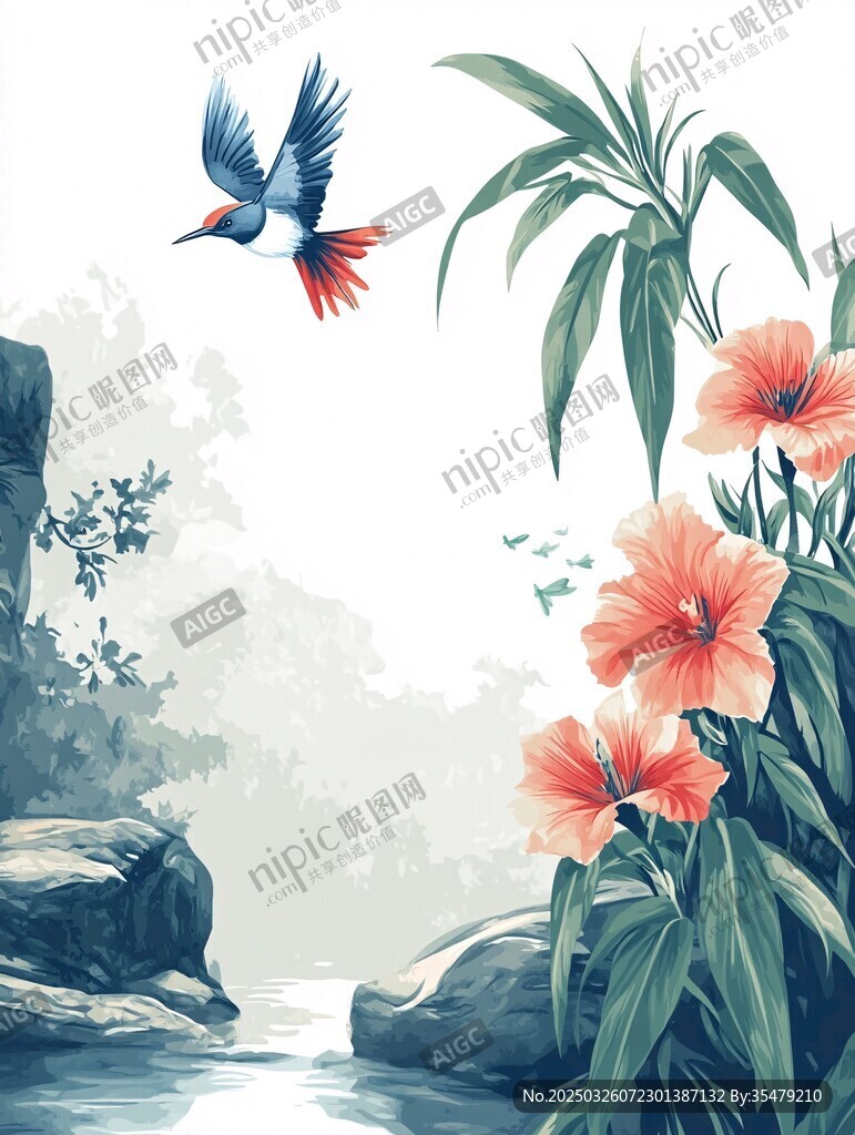 溪边飞鸟伴花景
