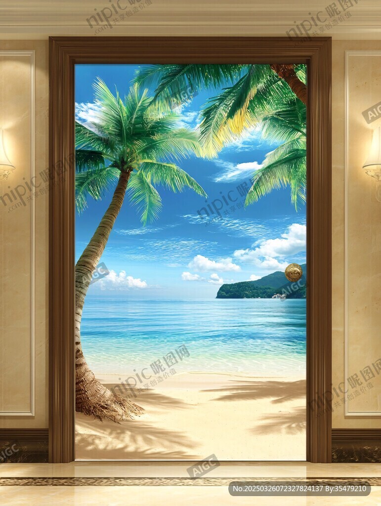 热带海滨风光门贴壁画