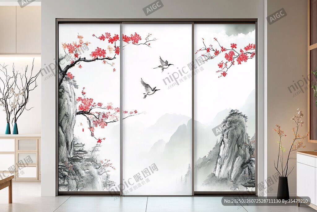 中式花鸟山水移门设计