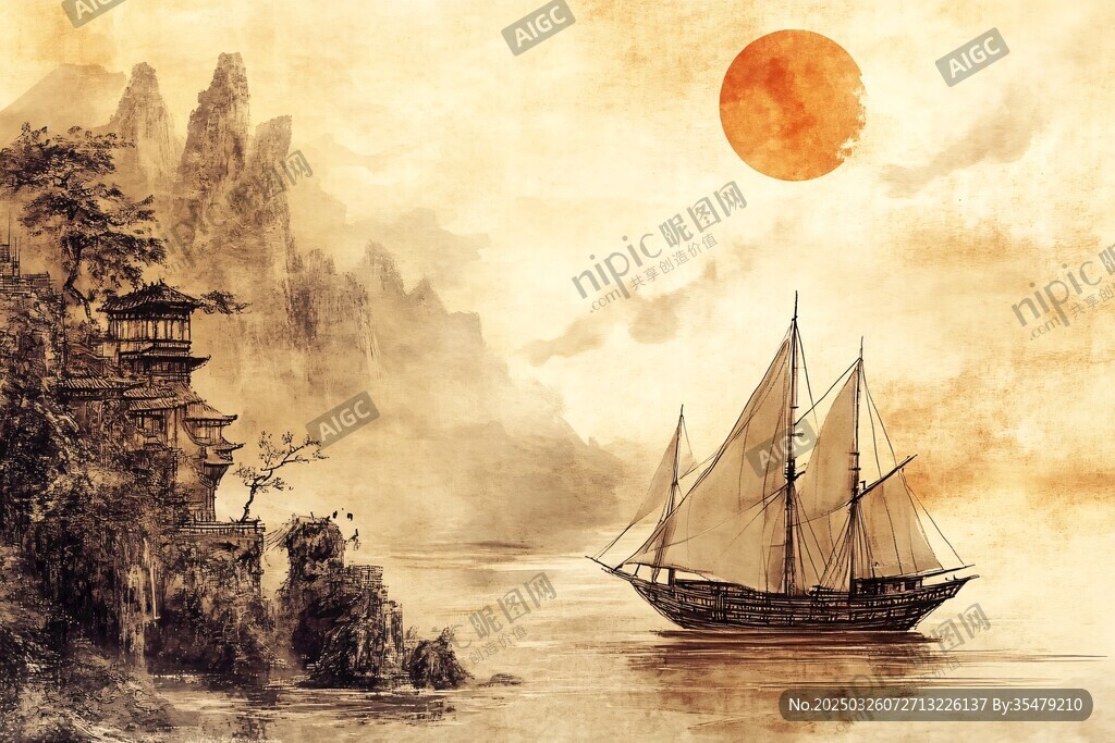 夕阳下的江景帆船图