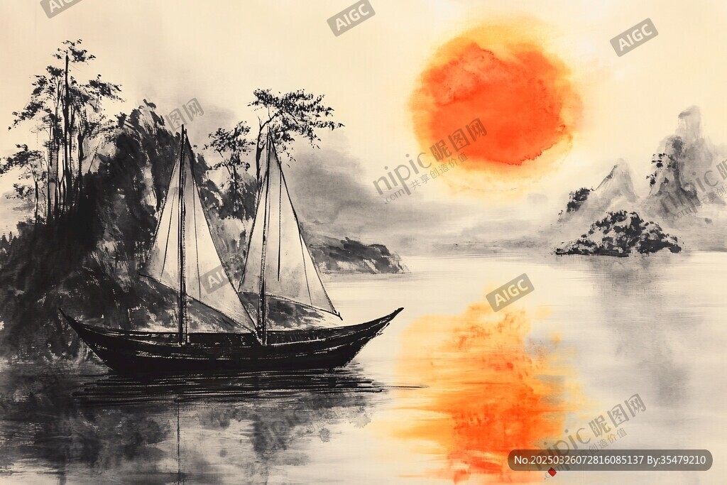 落日下的江面帆船美景