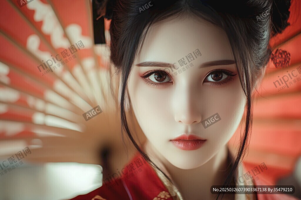 古风美人持红伞展风韵