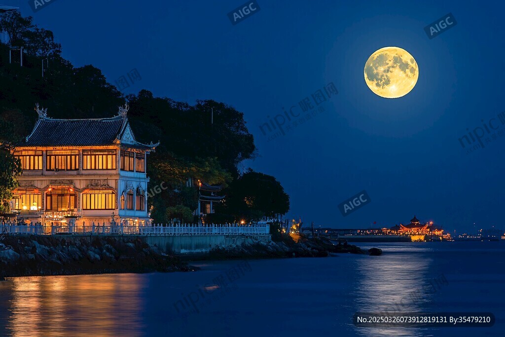 月夜下的中式建筑与海景