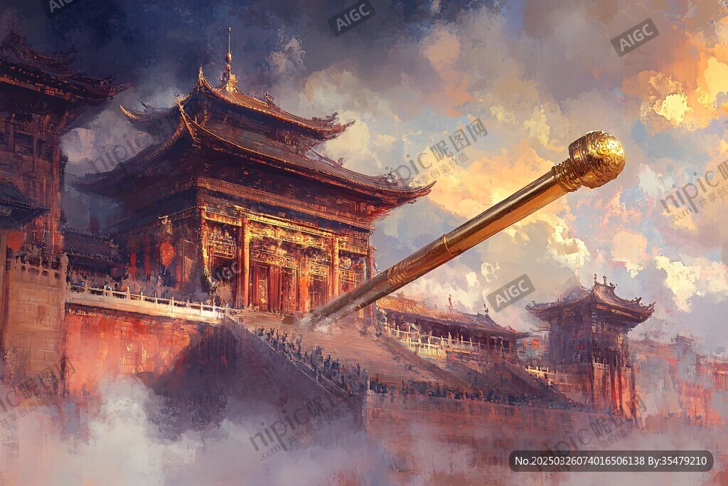 古风巨笔横亘古典宫殿前