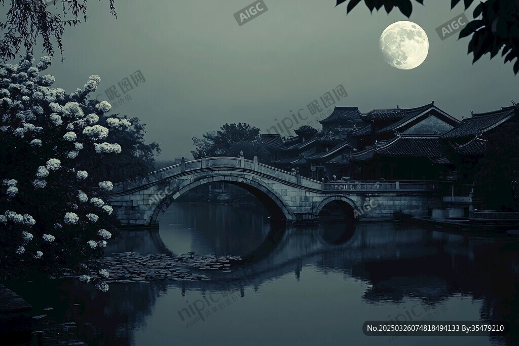 月夜下的古风桥畔景致