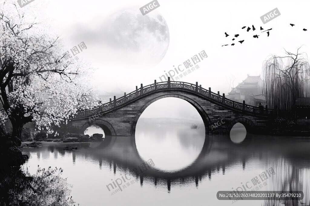 水墨月夜桥景