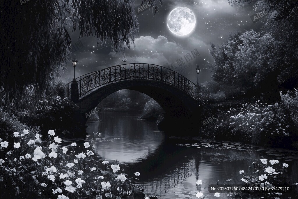 月夜下的桥畔静谧美景